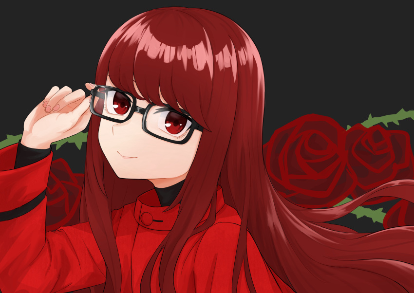 1girl, absurdres, adjusting_eyewear, black-framed_eyewear, casual, commentary_request, eyebrows_hidden_by_hair, fingernails, floating_hair, floral_background, flower, glasses, grey_background, hair_down, hand_up, highres, jacket, long_hair, long_sleeves, looking_at_viewer, masumidashirasu, persona, persona_5, persona_5_the_royal, red_eyes, red_flower, red_hair, red_jacket, red_rose, rose, sidelocks, simple_background, solo, swept_bangs, upper_body, very_long_hair, wide_sleeves, yoshizawa_sumire