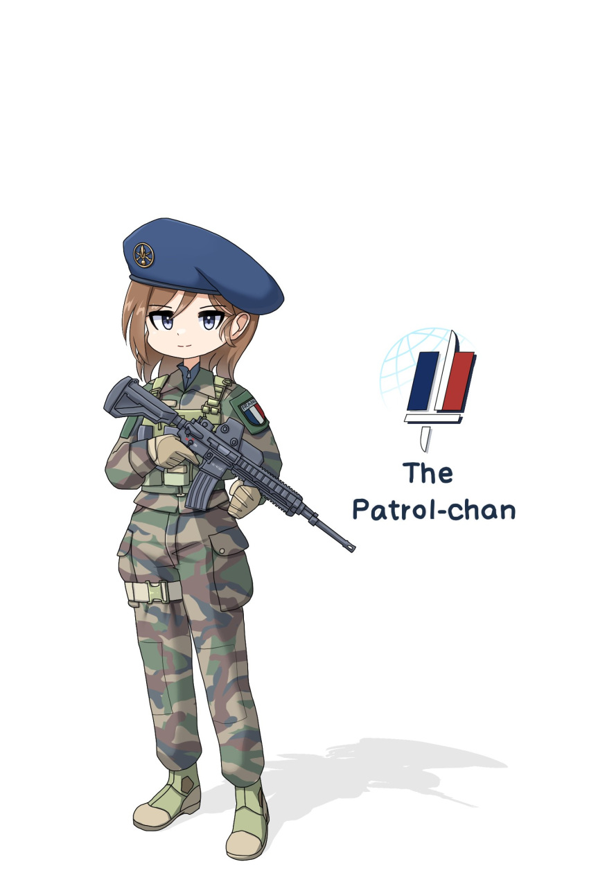 1girl, ammunition_pouch, assault_rifle, badge, belt, beret, blue_eyes, boots