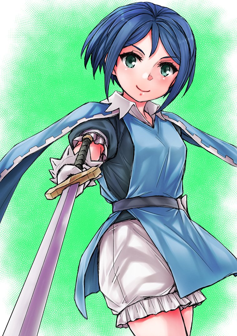 1girl, belt, black_belt, blue_hair, closed_mouth, commentary_request, gloves, green_eyes