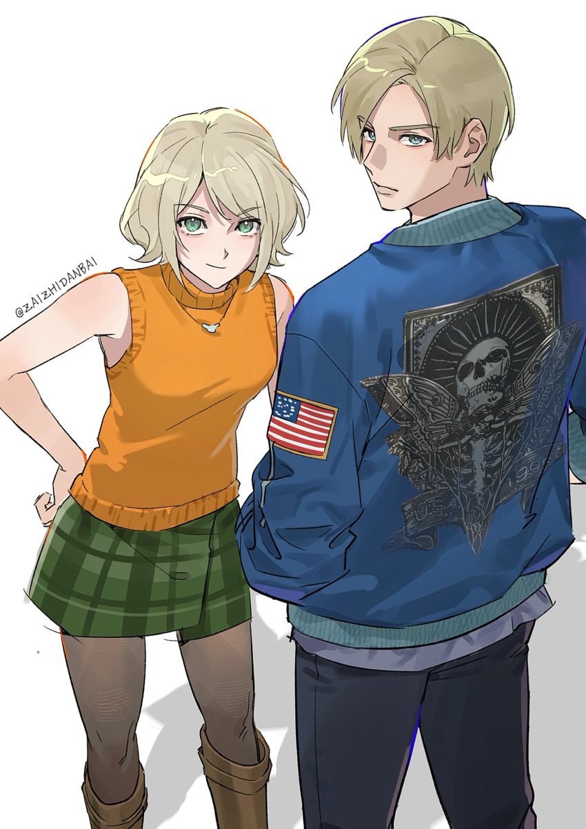 1boy, 1girl, ashley_graham, bare_shoulders, black_pants, blue_eyes, blue_jacket, boots, brown_boots, closed_mouth, commentary_request, green_eyes, green_skirt, grey_pantyhose, hand_on_own_hip, height_difference, highres, jacket, leon_s._kennedy, looking_at_viewer, pants, pantyhose, plaid_clothes, plaid_skirt, resident_evil, resident_evil_4, resident_evil_4_(remake), short_hair, simple_background, skirt, sleeveless, smile, tanpoku, twitter_username, white_background