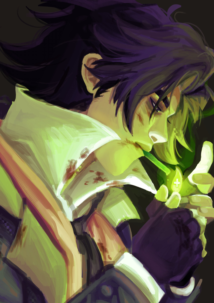 1boy, absurdres, black_eyes, black_gloves, black_hair, blood, blood_on_clothes, blood_on_face