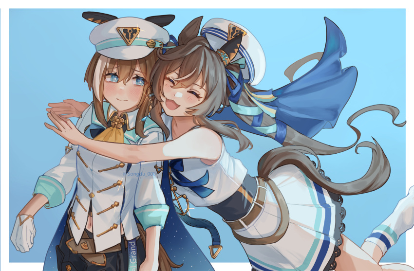 2girls, anchor_necklace, anchor_ornament, animal_ears, ascot, beret, black_shorts, blue_cape