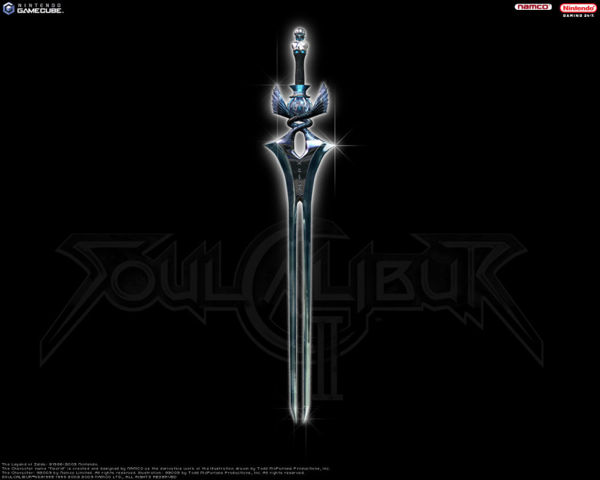 black_background, glowing, glowing_sword, glowing_weapon, logo, long_sword, namco, nintendo