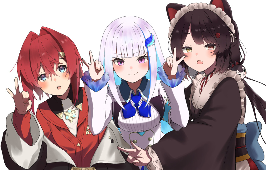 3girls, 46_crt, :o, absurdres, ange_katrina, ange_katrina_(1st_costume), animal_ears, animal_hair_ornament