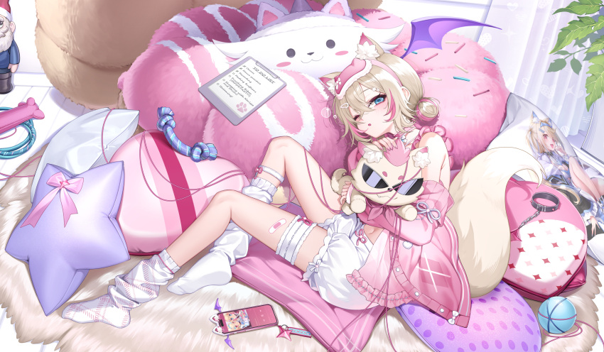 1girl, animal_ear_fluff, animal_ears, babydoll, blonde_hair, blue_eyes, body_pillow, commentary, curry_bowl, dog_ears, dog_girl, dog_tail, double_bun, english_commentary, frilled_shorts, frills, fuwawa_abyssgard, fuwawa_abyssgard_(1st_costume), hair_bun, highres, hololive, hololive_english, indoors, jacket, looking_at_viewer, lying, mask, mask_on_head, mococo_abyssgard, mococo_abyssgard_(pajamas), multicolored_hair, no_shoes, off_shoulder, official_alternate_costume, official_alternate_hairstyle, one_eye_closed, perroccino_(fuwamoco), pillow, pink_babydoll, pink_jacket, pink_streaks, ruffian_(fuwamoco), short_hair, short_shorts, shorts, sleep_mask, socks, solo, streaked_hair, tail, thigh_strap, virtual_youtuber, white_socks
