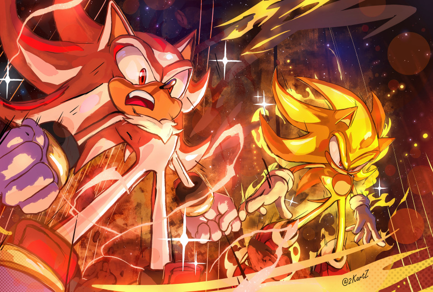2boys, 2kartz, absurdres, aura, commentary, dragon_ball, dragon_ball_super, english_commentary, highres, male_focus, multiple_boys, powering_up, red_shoes, scene_reference, shadow_the_hedgehog, shoes, sonic_(series), sonic_the_hedgehog, super_shadow, super_sonic