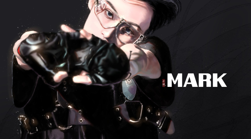 1boy, 5_hu, artist_name_(singer), black_gloves, black_shirt, commentary_request, eyeliner, fingerless_gloves