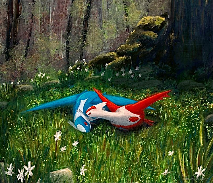 closed_eyes, dragon, flower, grass, gyura, latias, latios, no_humans
