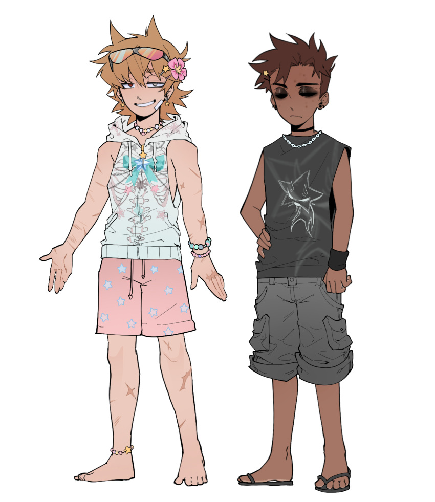 2boys, alternate_costume, alternate_skin_color, alternate_universe, androgynous, animification, anklet, antenna_hair