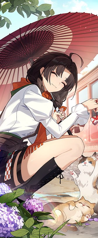 1girl, ahoge, boots, braid, cat, chiyo_(strinova), closed_eyes, closed_mouth, fumimiko16, knee_boots, smile, solo, strinova, tagme, twin_braids, umbrella