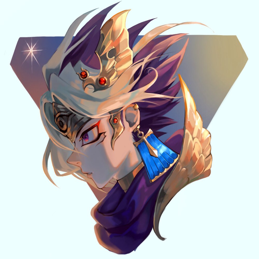 1boy, atem, blonde_hair, commentary_request, cropped_shoulders, earrings, facial_mark, from_side