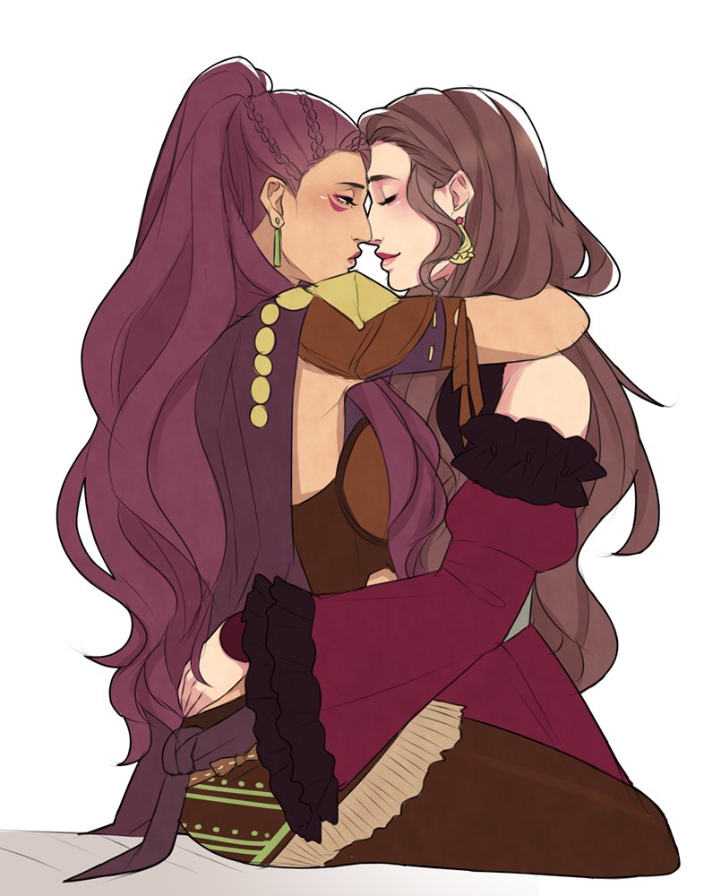2girls, aquiline_nose, arms_around_neck, bad_id, bad_twitter_id, bare_shoulders, blush, breasts, brown_hair, closed_eyes, dark-skinned_female, dark_skin, dorothea_arnault, dorothea_arnault_(timeskip), dress, earrings, fire_emblem, fire_emblem:_three_houses, imminent_kiss, jewelry, large_breasts, long_hair, multiple_girls, nose, petra_macneary, petra_macneary_(timeskip), ponytail, rani_ki, red_dress, sitting, smile, yuri