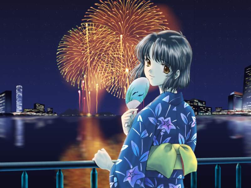 1girl, animal_print, back_bow, bad_id, black_hair, blue_kimono, bow, brown_eyes