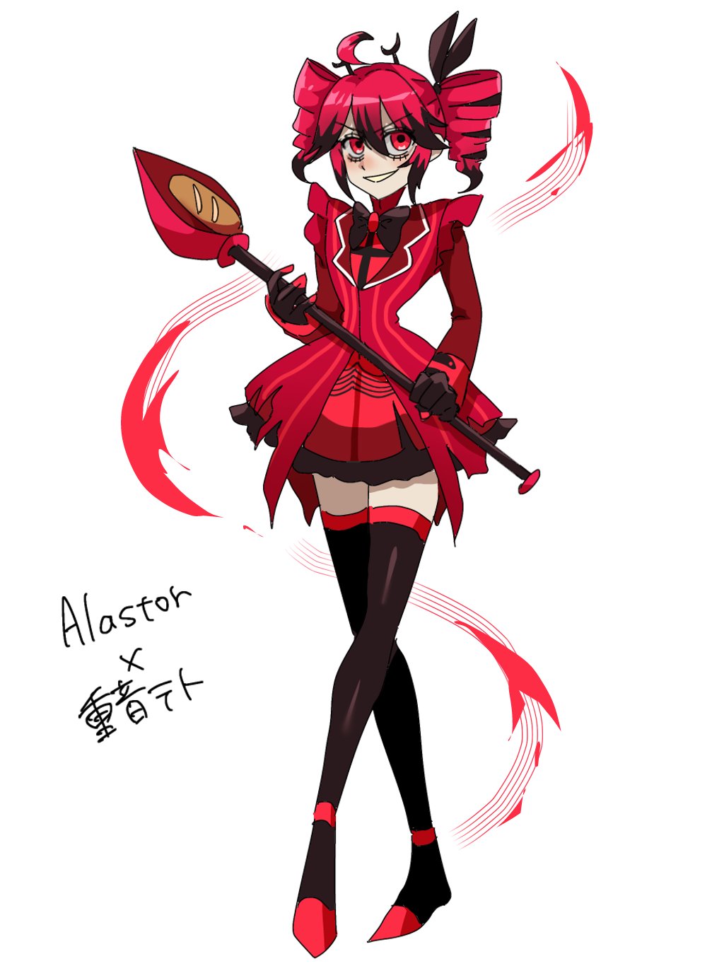 1girl, adapted_costume, ahoge, alastor_(hazbin_hotel), alastor_(hazbin_hotel)_(cosplay), antlers, bags_under_eyes, baguette
