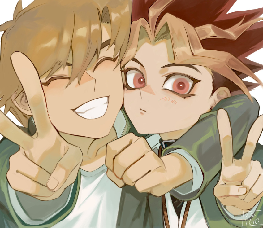 2boys, ^_^, arm_around_neck, belt, belt_collar, black_belt, black_jacket, blonde_hair