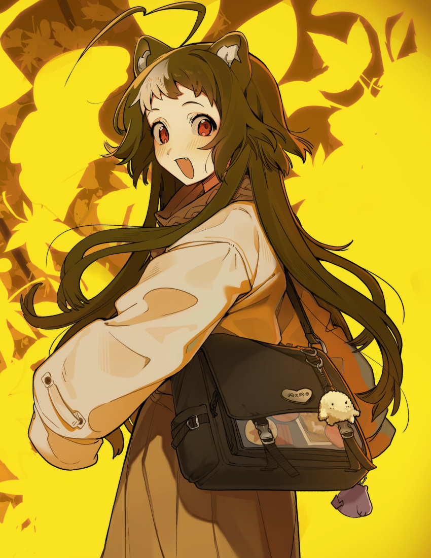 1girl, absurdres, ahoge, animal_ears, bag, black_hair, blush, brown_jacket