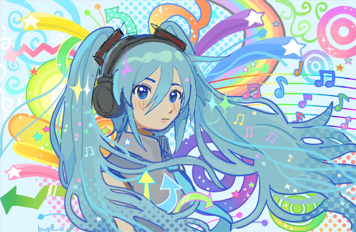 1girl, 505core, arrow_(symbol), bare_shoulders, blue_eyes, blue_hair, blush, colorful, commentary, english_commentary, flourish_(design), frutiger_metro, grey_shirt, hair_between_eyes, halftone, hatsune_miku, headphones, long_hair, looking_at_viewer, musical_note, musical_staff, necktie, rainbow, shirt, sleeveless, sleeveless_shirt, solo, star_(symbol), twintails, upper_body, vector_circles, very_long_hair, vocaloid