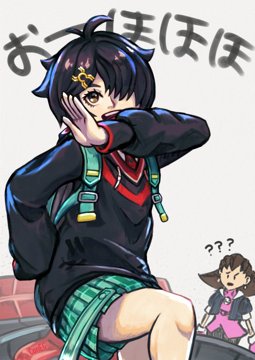 2girls, :d, ?, ??, absurdres, backpack, bag, black_hair