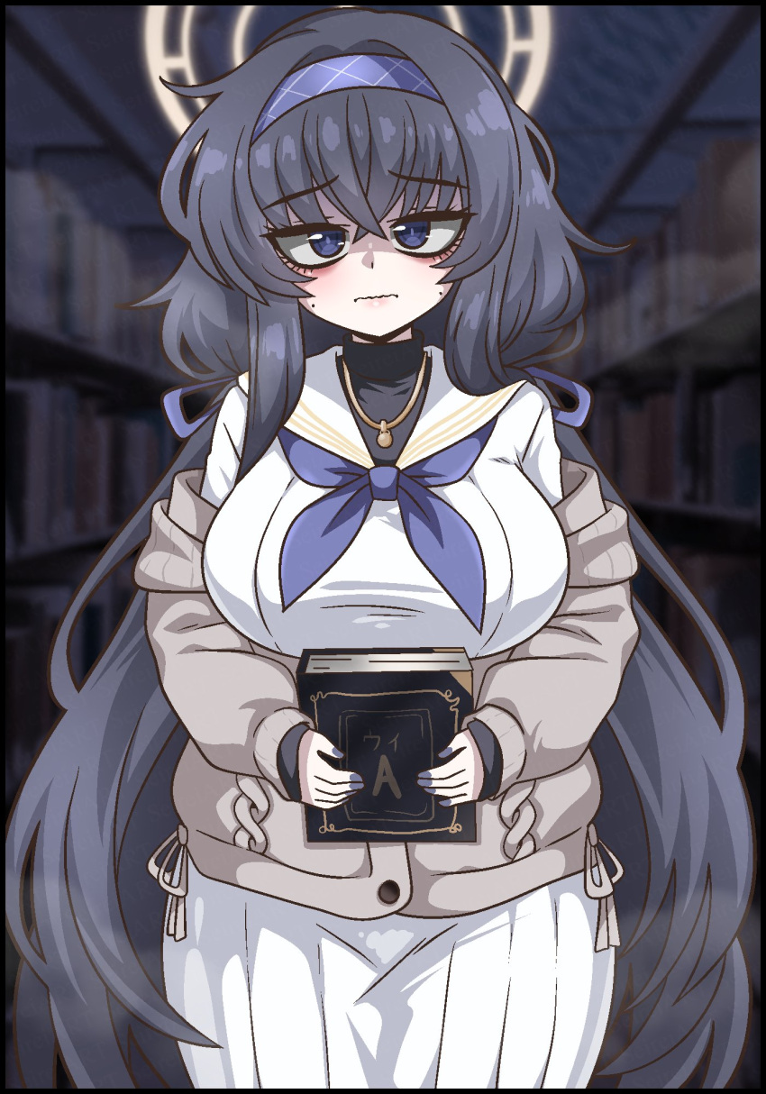 1girl, alternate_breast_size_(larger), black_hair, black_sweater, blue_archive, blush, book, breasts