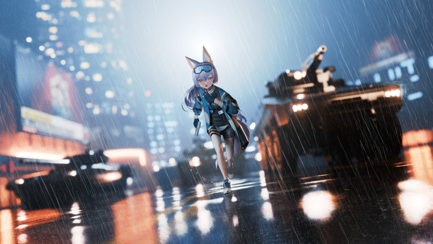 1girl, absurdres, armored_car, battlefield_(series), battlefield_4, gun, highres, holding, holding_gun, holding_weapon, military_vehicle, motor_vehicle, mr_ito, original, rain, runnin, tank, weapon, yukino_shigure