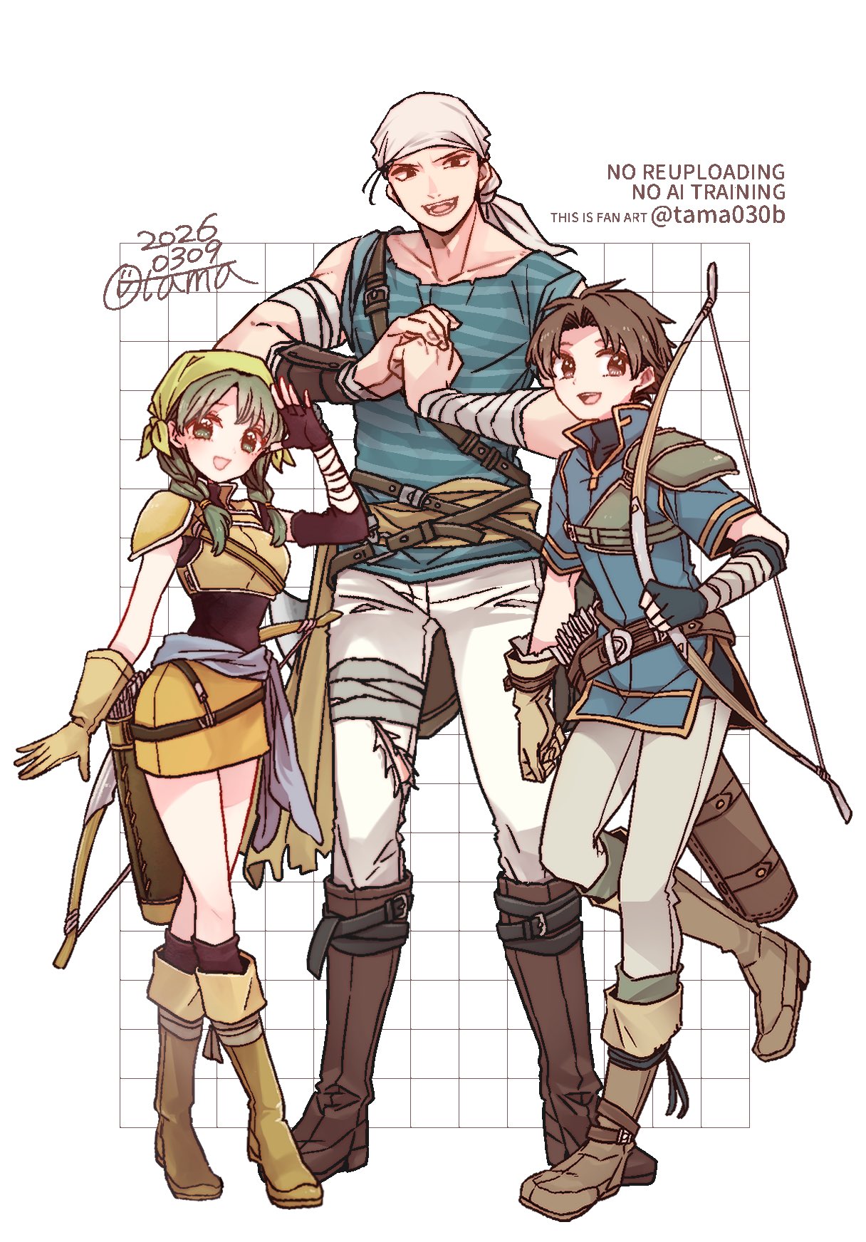 1girl, 2boys, armor, arrow_(projectile), asymmetrical_gloves, bandaged_arm, bandages, bandana