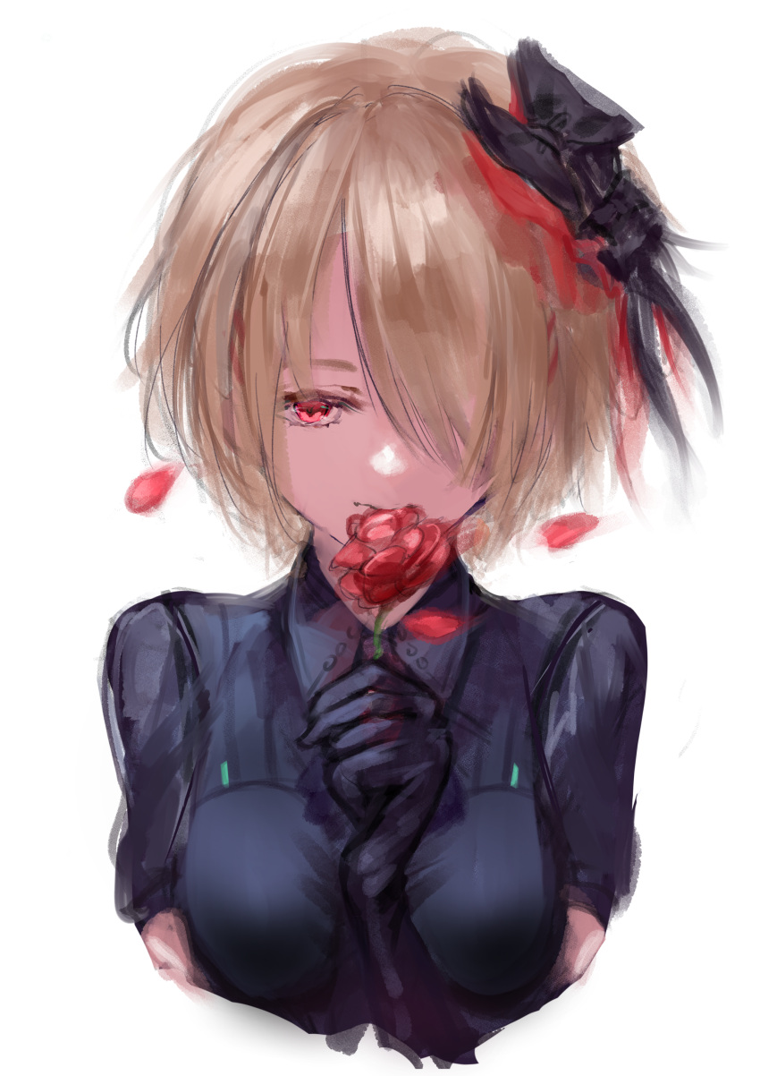 1girl, absurdres, black_bow, black_gloves, black_skirt, blonde_hair, bow, breasts
