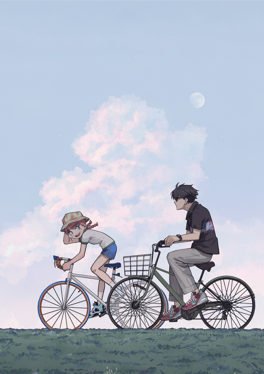 1boy, 1girl, absurdres, ahoge, bicycle, black-framed_eyewear, black_hair, black_shirt, blue_shoes, blue_shorts, braid, clouds, commentary_request, from_side, furuta_nina, glasses, grass, grey_pants, hat, hatori_to_furuta_no_hinichijou_sahanji, hatori_yoshitomo, highres, long_hair, looking_at_another, moon, nonoue_daijirou, official_art, outdoors, pants, pink_hair, red_shoes, riding, riding_bicycle, shirt, shoes, short_hair, shorts, sky, sneakers, socks, twin_braids, watch, white_shirt, yellow_hat