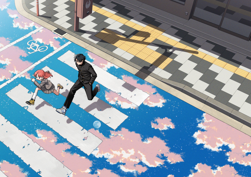 1boy, 1girl, absurdres, black-framed_eyewear, black_hair, clouds, commentary_request, crosswalk