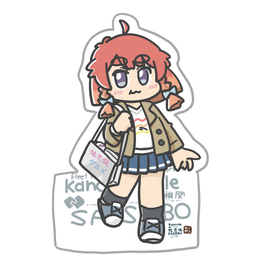 :3, ahoge, bag, blue_skirt, braid, brown_jacket, brown_shirt, cardboard_cutout