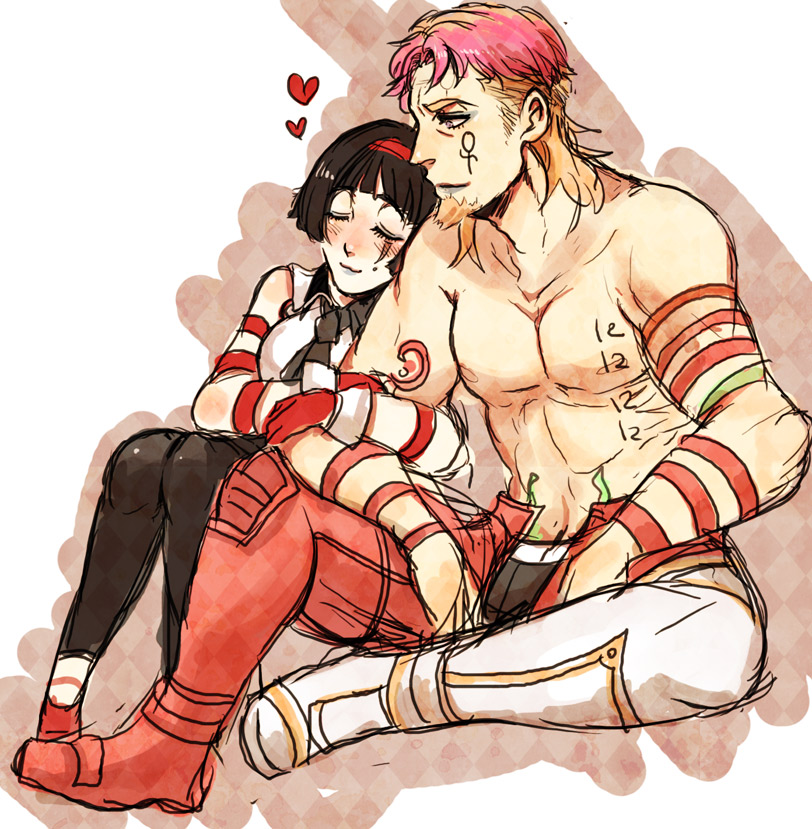 1girl, bad_id, black_hair, bob_cut, couple, facial_hair, hairband, headband