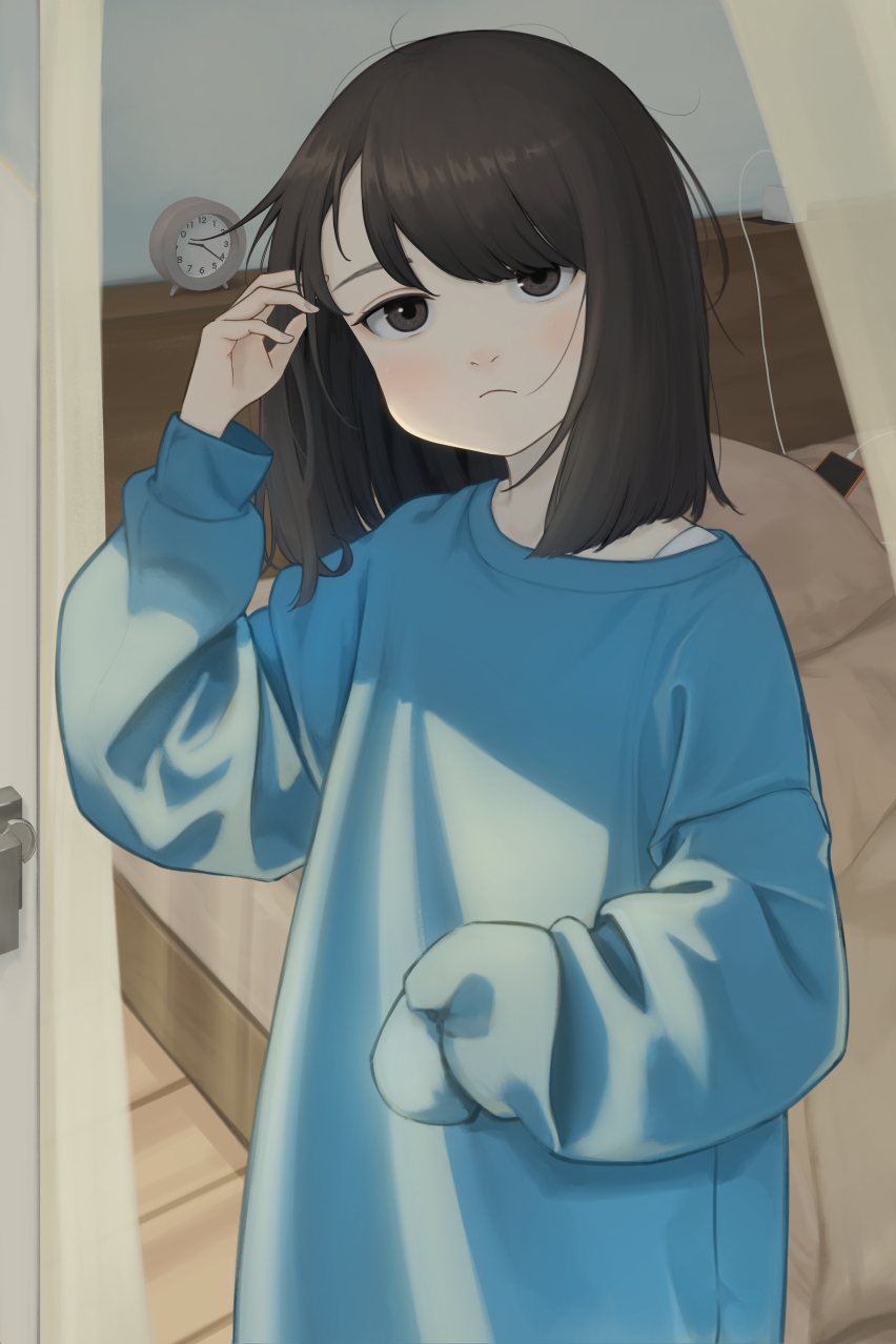 1girl, adjusting_hair, alarm_clock, baggy_clothes, bed, bedroom, blue_sweater, blush, bob_cut, brown_eyes, brown_hair, cable, cellphone, charging_device, clock, closed_mouth, commentary, curtains, expressionless, from_above, hair_over_one_eye, hand_on_own_head, hand_up, head_tilt, headboard, highres, indoors, light_blush, light_frown, long_sleeves, looking_at_viewer, looking_inside, loose_hair_strand, medium_hair, messy_hair, ne_ro28, original, oversized_clothes, phone, pillow, playing_with_own_hair, sleeves_past_fingers, sleeves_past_wrists, smartphone, solo, sweater, swept_bangs, waking_up, window, wooden_floor