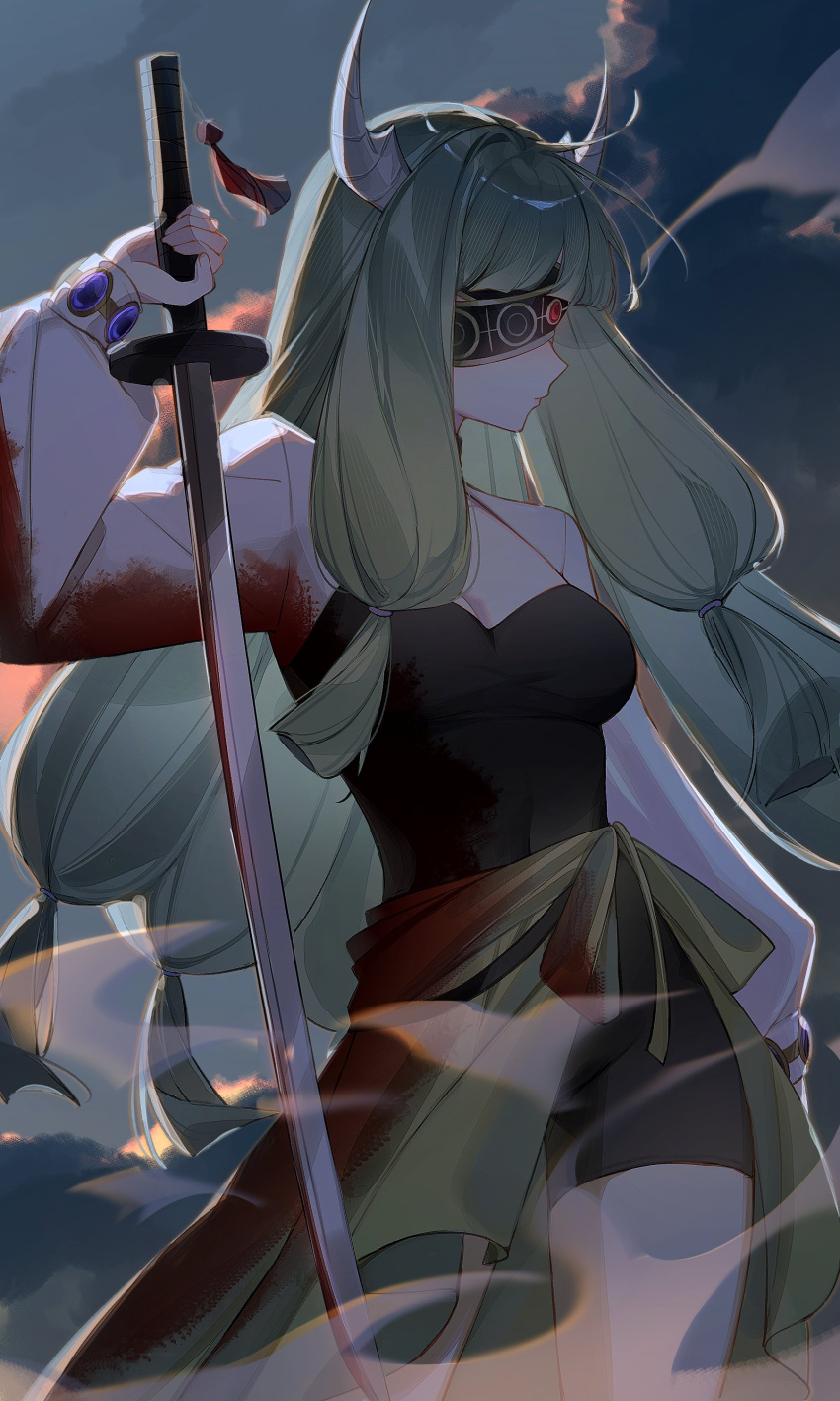 absurdres, blindfold, character_request, demon, demon_girl, demon_horns, green_hair, highres