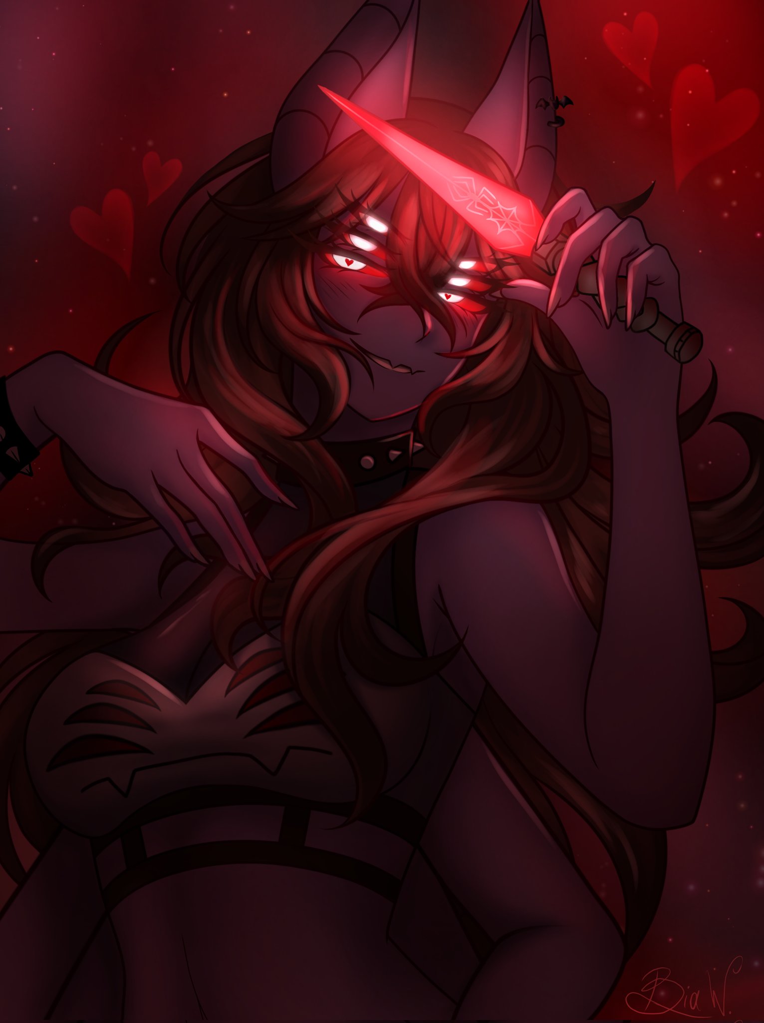 1girl, animal_ears, arkanis, arthropod_girl, bat_ears, biiahwolf, bracelet, breasts, brown_hair, collar, colored_sclera, colored_skin, dante_will, dante_will_(spider), extra_arms, extra_eyes, fingernails, highres, holding, indie_virtual_youtuber, jewelry, knife, long_hair, minecraft_youtube, monster_girl, purple_skin, red_sclera, sharp_fingernails, shirt, sleeveless, smile, spider_girl, spiked_bracelet, spiked_collar, spikes, virtual_youtuber