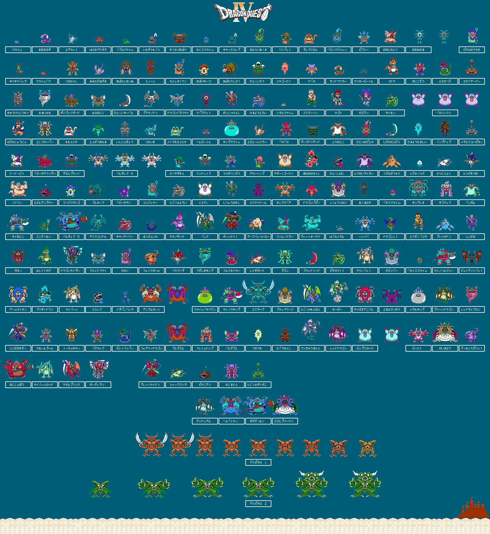 abominable_showman, animal_ears, armor, attila_the_hunk, balzack_(dragon_quest), bantamweight_(dragon_quest), blue_background, character_request, commentary_request, copyright_name, crown, dragon_quest, dragon_quest_iv, fake_animal_ears, highres, holding, holding_boomerang, holding_pitchfork, holding_polearm, holding_sword, holding_weapon, kirk_buzzer, lance, mimic, mimic_chest, monster, pitchfork, pixel_art, polearm, prima_donna_(dragon_quest), purple_hair, quick_draw_mcgore, samson_knight, shield, slime_(creature), slime_(dragon_quest), sword, tongue, tongue_out, translation_request, vyzf2743, weapon