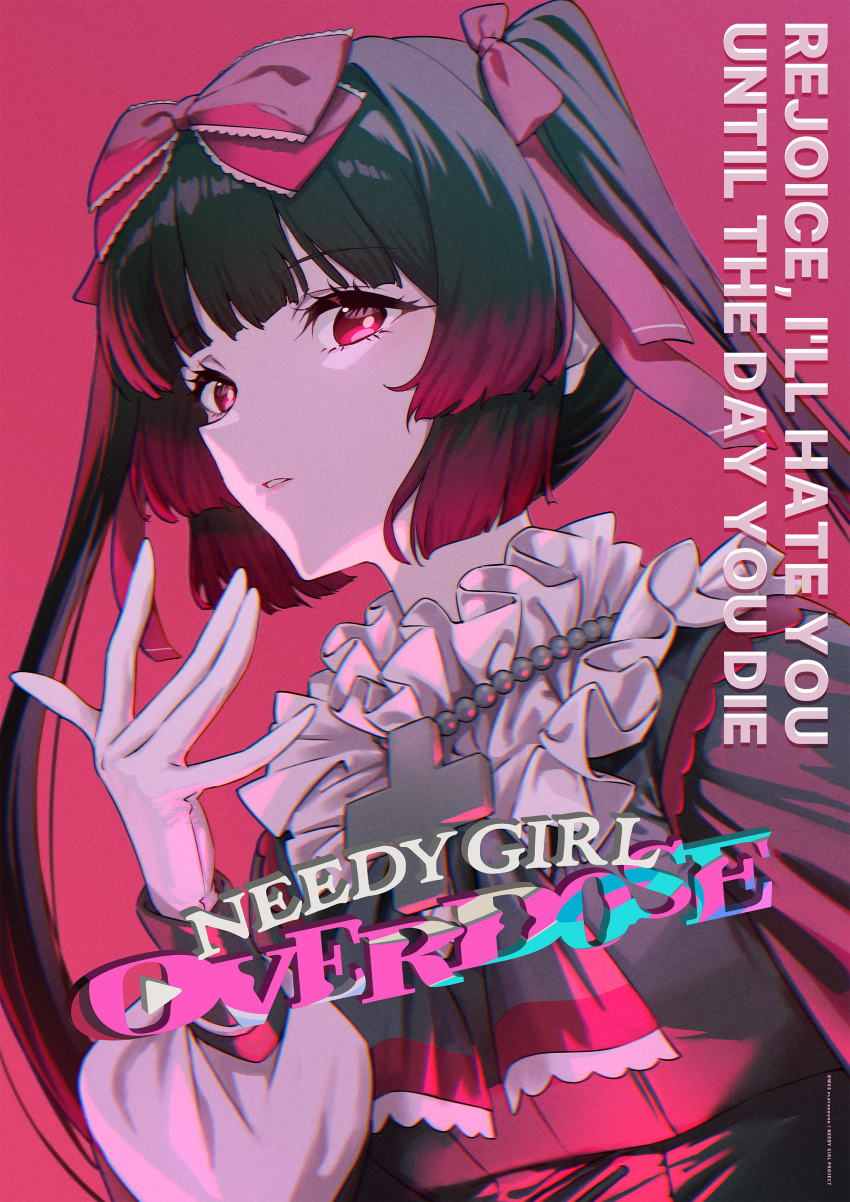1girl, absurdres, artist_request, black_dress, black_hair, blunt_bangs, bow, commentary, copyright_logo, copyright_name, cross, dress, english_commentary, gokubara_michika, gothic_lolita, gradient_hair, hair_bow, hair_ribbon, hand_up, highres, logo, lolita_fashion, long_hair, long_sleeves, looking_at_viewer, multicolored_hair, needy_girl_overdose, official_art, parted_lips, red_background, red_bow, red_eyes, red_ribbon, ribbon, second-party_source, solo, twintails, upper_body