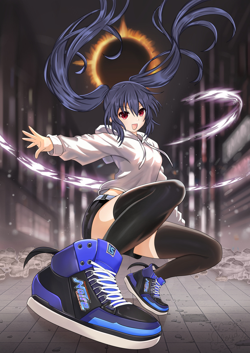 1girl, absurdres, belt, black_belt, black_hair, breasts, full_body, highres, hood, hoodie, long_hair, looking_at_viewer, medium_breasts, multicolored_shoes, neptune_(neptunia), neptune_(series), noire_(neptunia), pants, red_eyes, shoes, shorts, smile, sneakers, solo, twintails, xdlloyd091x