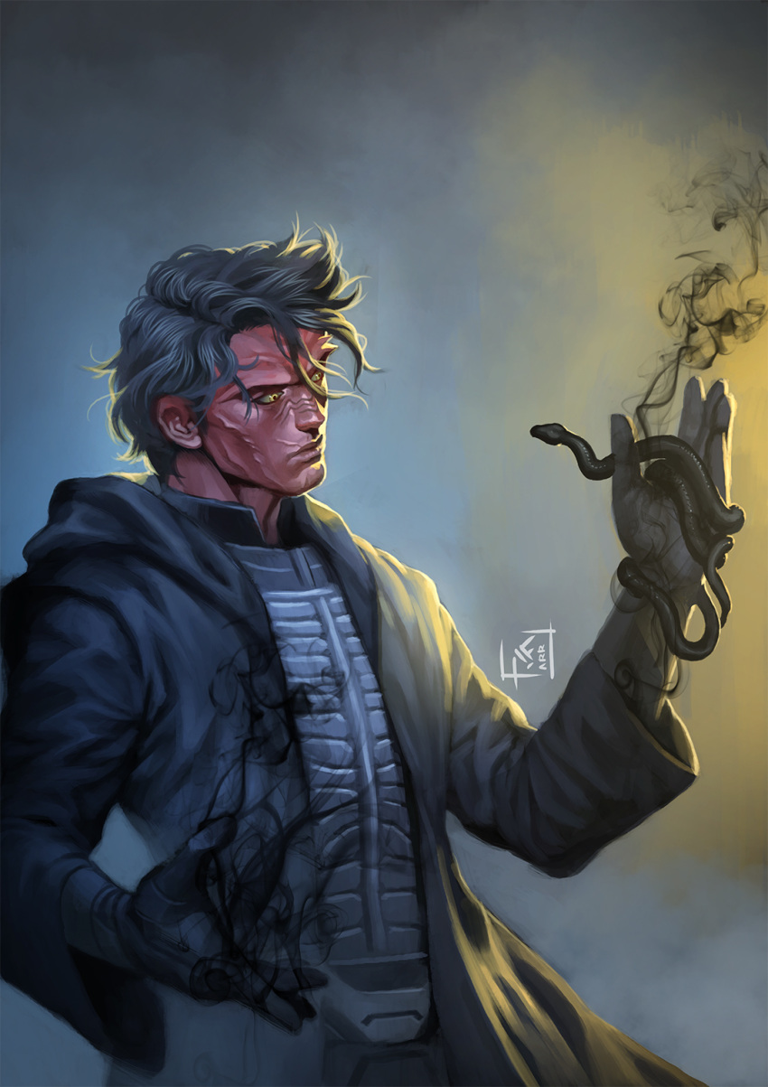 1boy, alien, black_hair, black_robe, colored_skin, hifarry, highres, hooded_robe