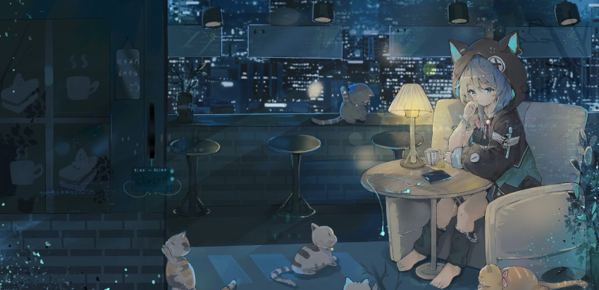 1girl, absurdres, bar_counter, bar_stool, barefoot, black_coat, blue_eyes, blue_nails