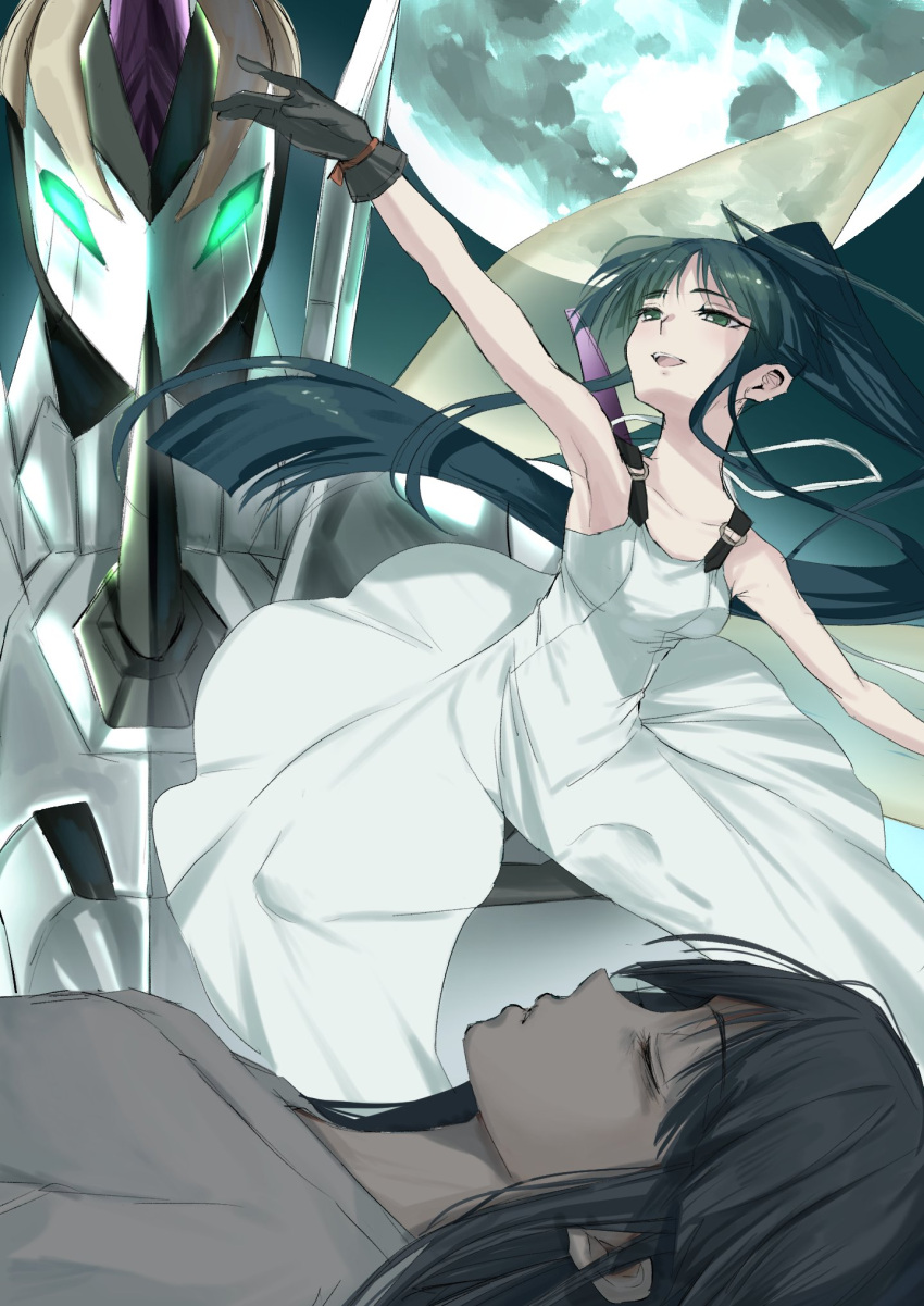 1girl, aqua_eyes, armpits, back_ribbon, belt, black_gloves, black_pantyhose, blue_hair