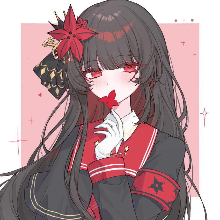 1girl, armband, black_capelet, black_hair, black_shirt, border, bug, butterfly