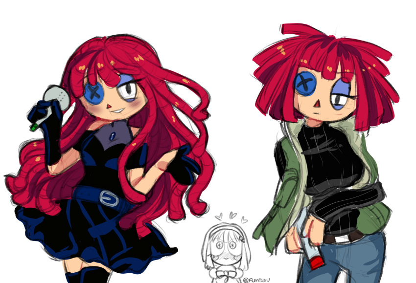 2girls, asymmetrical_gloves, black_dress, black_eyes, black_gloves, black_shirt, blue_pants, blush