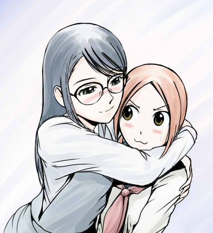 aoi_hana, blush, brown_hair, glasses, hug, lowres, mac-v, manjoume_fumi