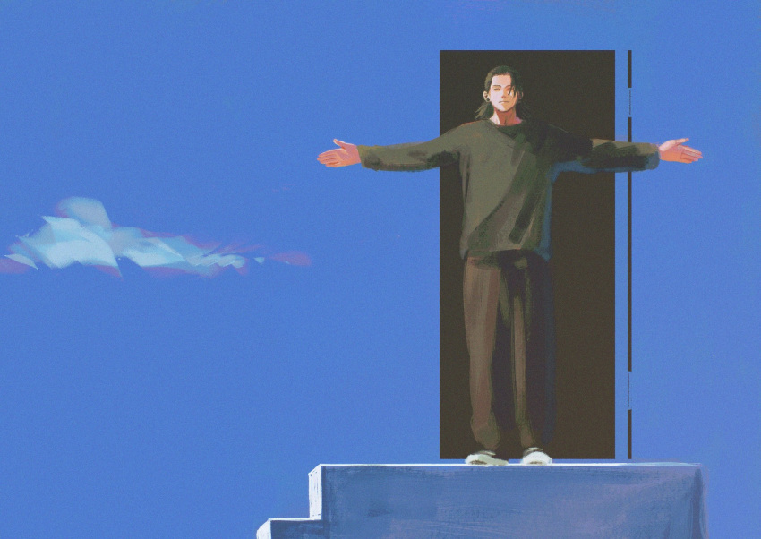 1boy, black_hair, black_pants, black_shirt, blue_sky, closed_eyes, ear_piercing, facing_viewer, fake_sky, getou_suguru, hair_pulled_back, hebeinai, highres, jujutsu_kaisen, medium_hair, outstretched_arms, pants, piercing, plug_(piercing), scene_reference, shirt, sky, sky_print, spread_arms, stairs, the_truman_show