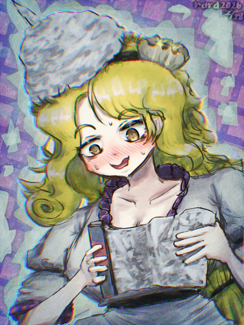 1girl, blonde_hair, blush, dress, foil, hair_ornament, highres, holding