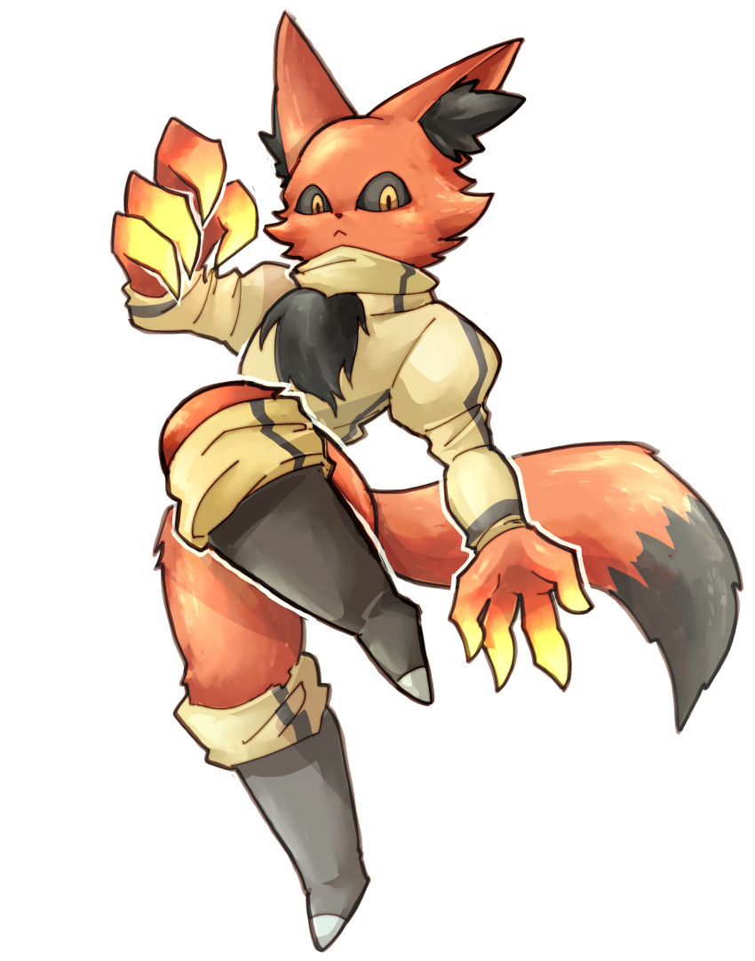 1girl, absurdres, amasmasta, animal_ear_fluff, bad_id, bad_twitter_id, black_boots, black_sclera, boots, chest_fur, claws, closed_mouth, colored_sclera, fox_girl, fox_tail, full_body, furry, furry_female, grimms_notes, hand_up, highres, kung_fu_villain_(grimms_notes), looking_at_viewer, no_humans, simple_background, solo, sweater, tail, two-tone_tail, white_background, yellow_eyes