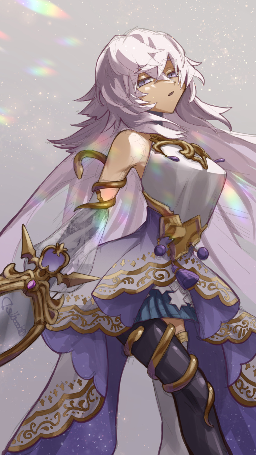 1girl, artistic_error, asymmetrical_legwear, bad_id, bad_twitter_id, bare_shoulders, black_pantyhose, blue_skirt, breasts, crossed_bangs, dooodled, dress, gem, grey_background, grimms_notes, hair_between_eyes, half-closed_eyes, highres, kagami_sei_no_kote_(grimms_notes), long_hair, looking_at_viewer, magic_mirror_(grimms_notes), mismatched_legwear, pantyhose, parted_lips, purple_gem, single_leg_pantyhose, skirt, solo, thigh-highs, very_long_hair, white_thighhighs