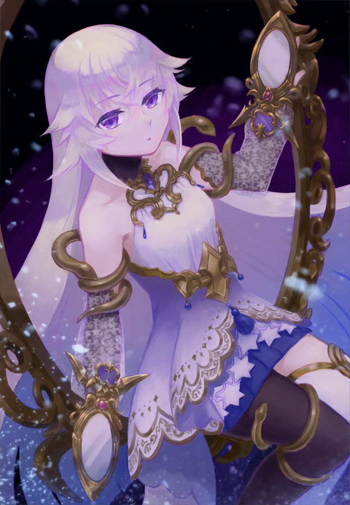 1girl, artistic_error, asymmetrical_legwear, bare_shoulders, black_pantyhose, blue_skirt, breasts, crossed_bangs