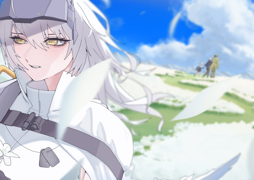 1boy, 3girls, barabara_49, blurry, cloak, clouds, commentary_request, depth_of_field
