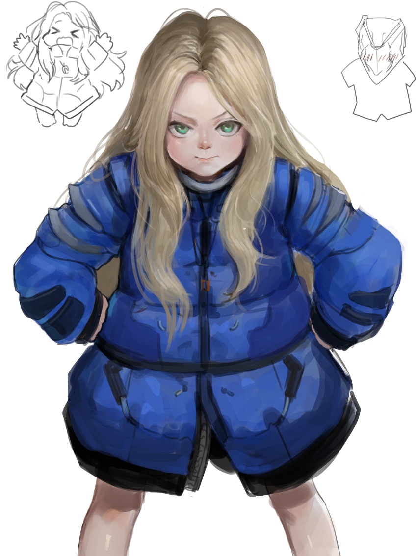 >_<, 1boy, 1girl, absurdres, blonde_hair, blue_jacket, blush, chibi