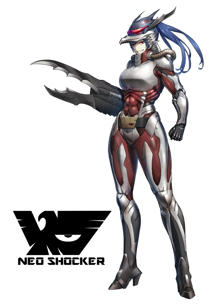 1girl, armor, arthropod_girl, belt, belt_buckle, black_belt, blue_hair, boots